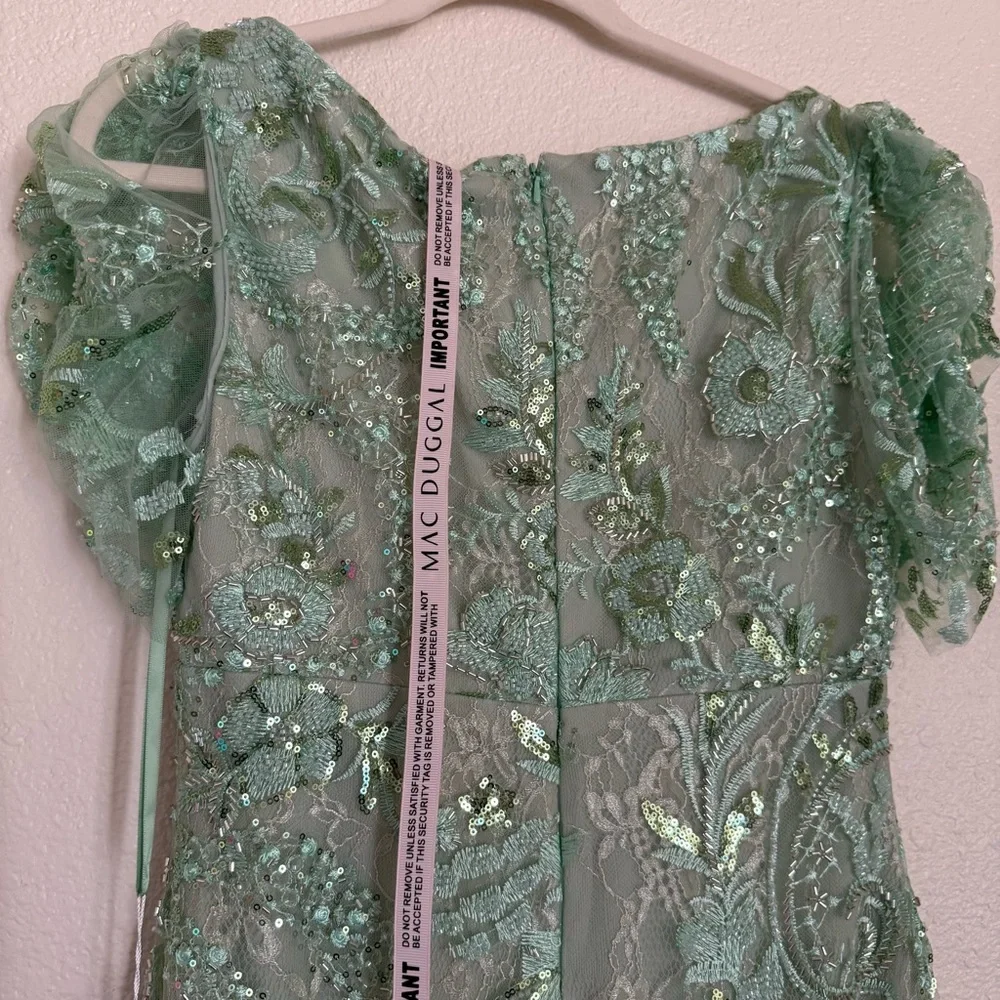 Mac Duggal Size 8 Mint Green 68266 Puff Sleeve V-Neck Embellished Midi Dress New - Picture 14 of 15